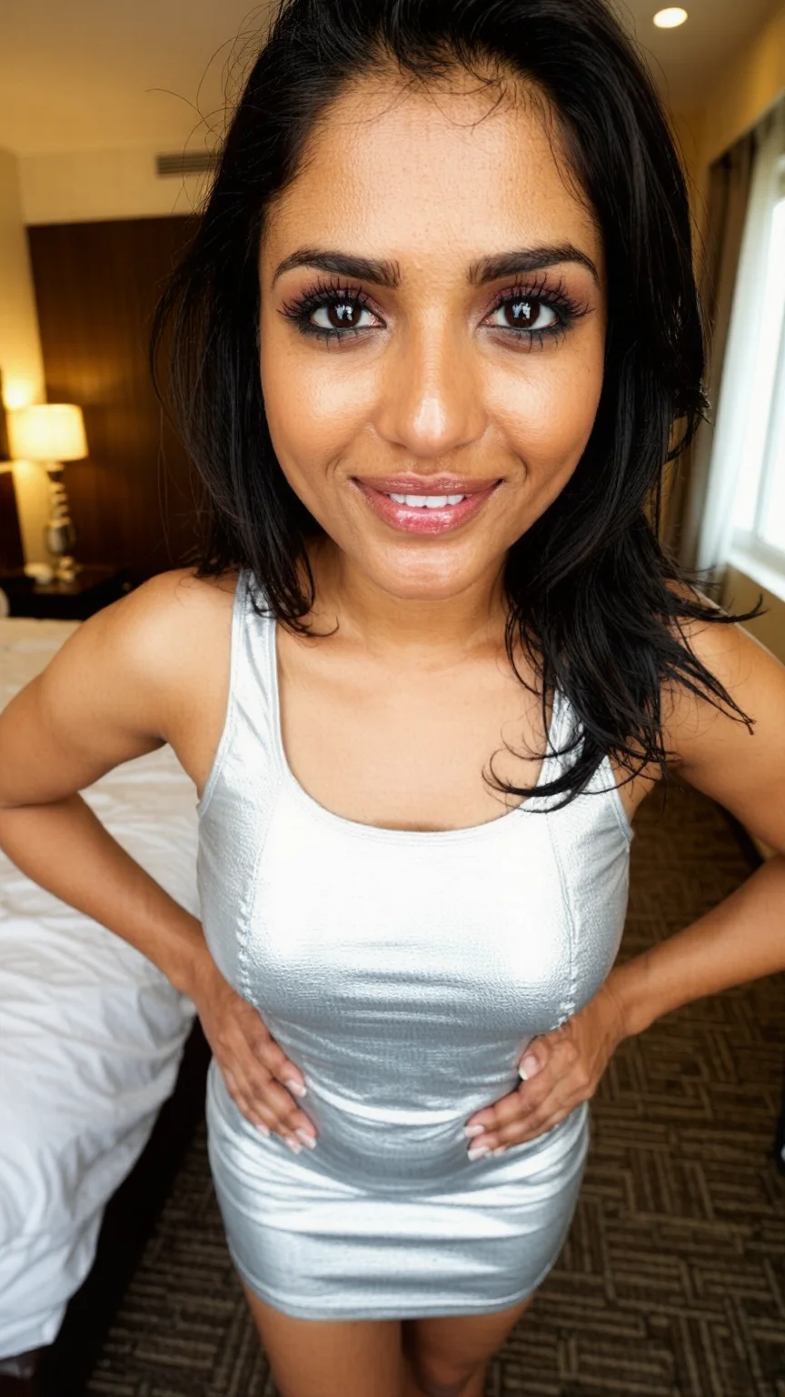 Stunning South Asian woman in silver bodycon dress in hotel room
