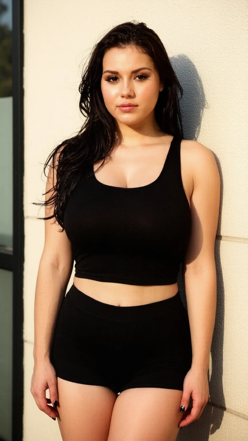 Woman leaning against an exterior wall in sunlight