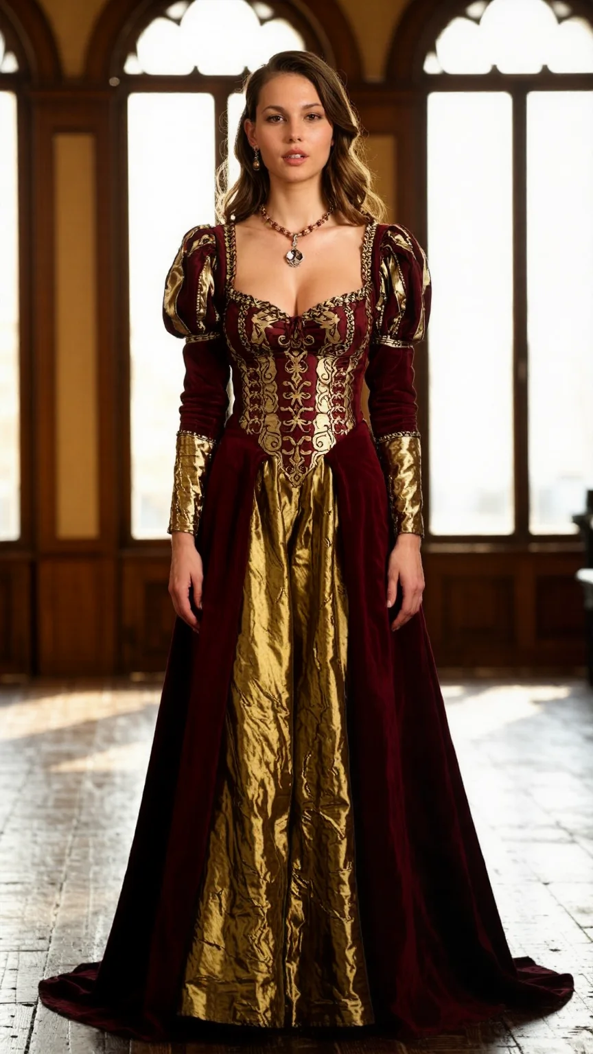 Stunning tall brunette woman in a rich burgundy and gold medieval gown in warm sunset light