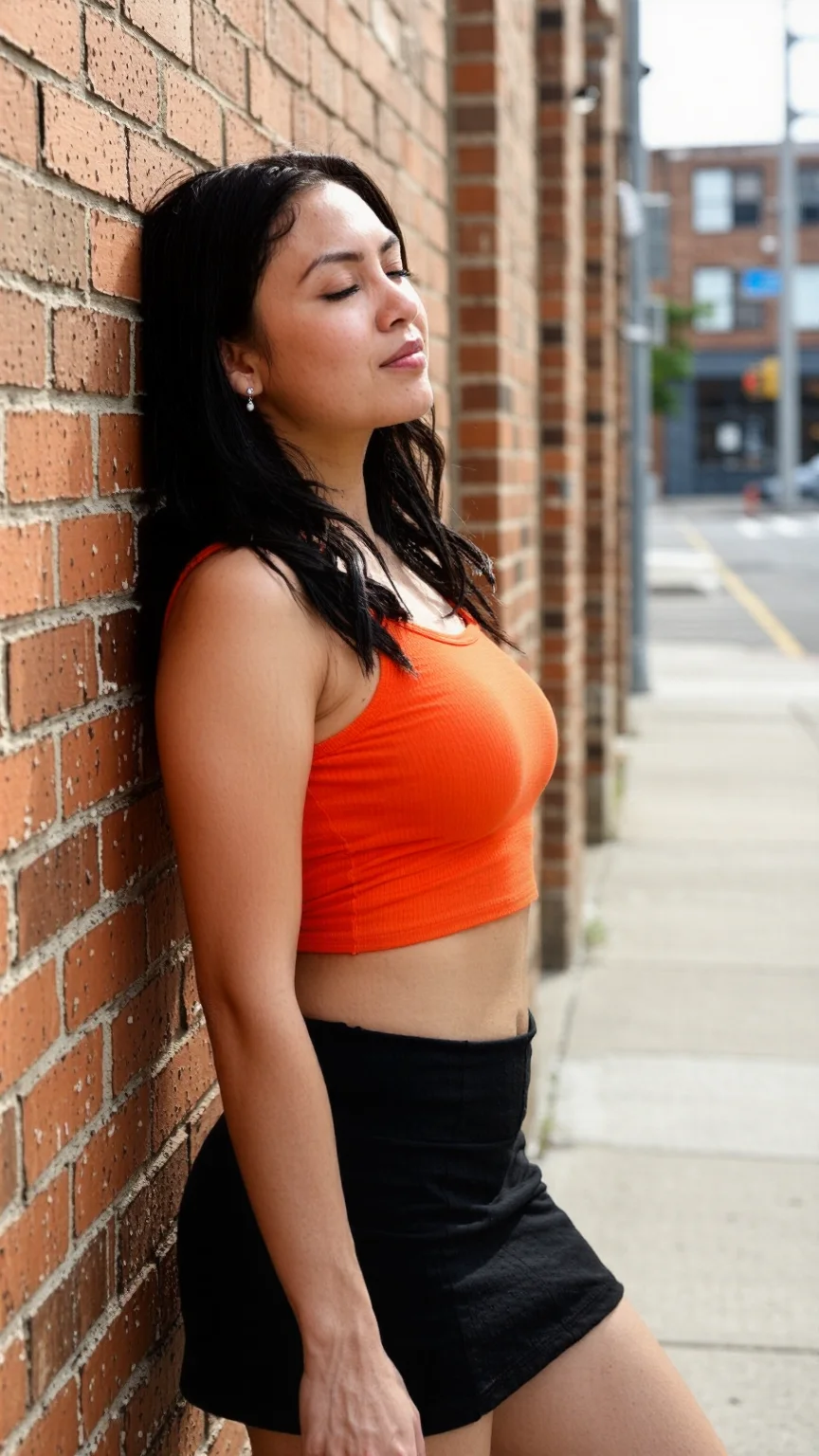 Stunning woman in profile leaning against a brick wall