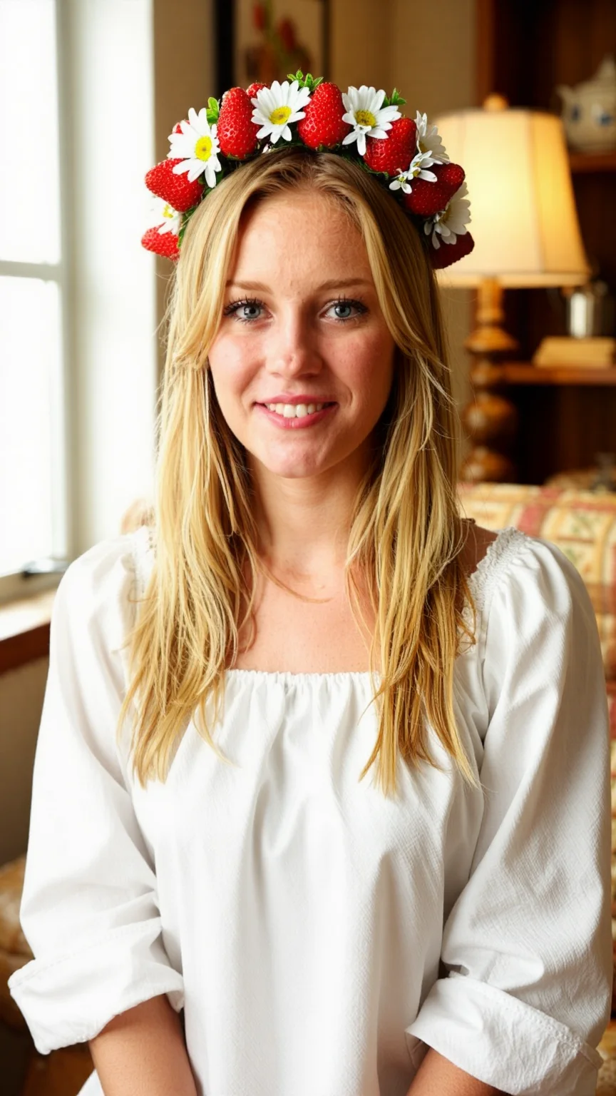 Beautiful strawberry blonde woman in a peasant blouse wearing a flower crown