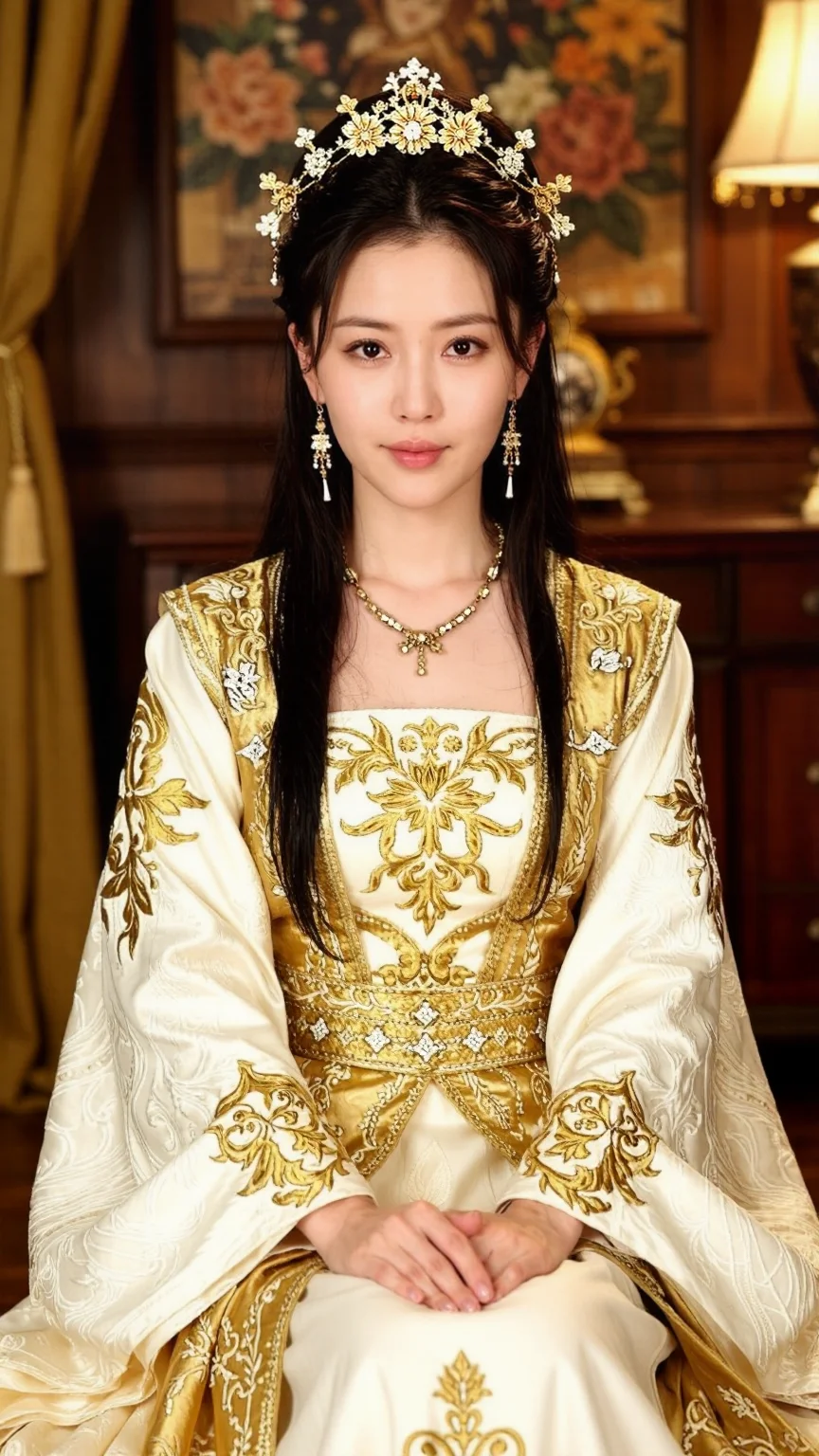 Elegant Asian woman in a gold medieval handmaiden gown with ornate hair accessories