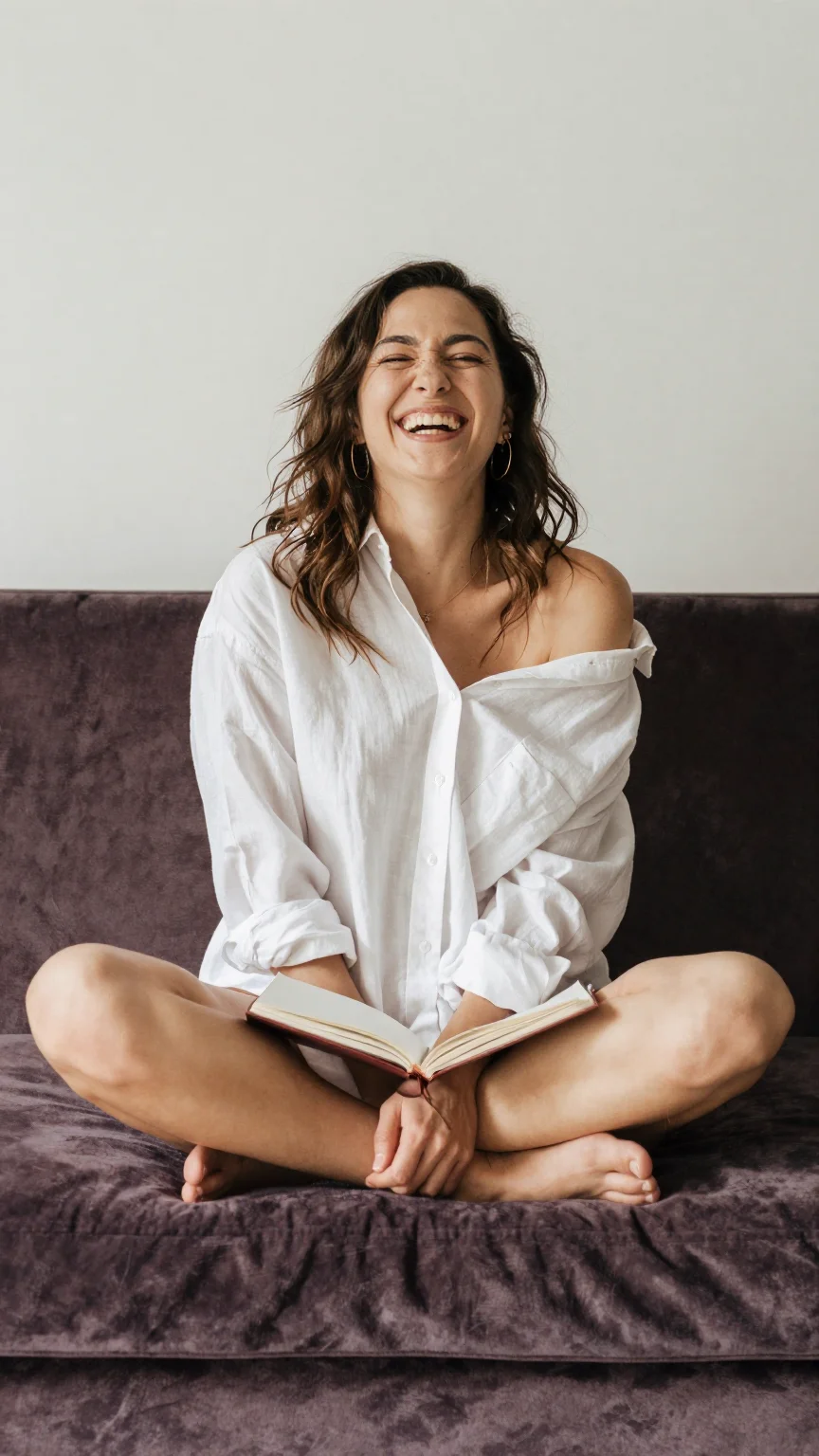 Brunette on couch with notebook laughing