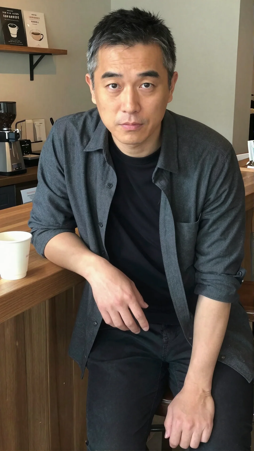 Serious Japanese man in a fitted tee and open overshirt at a coffee bar counter