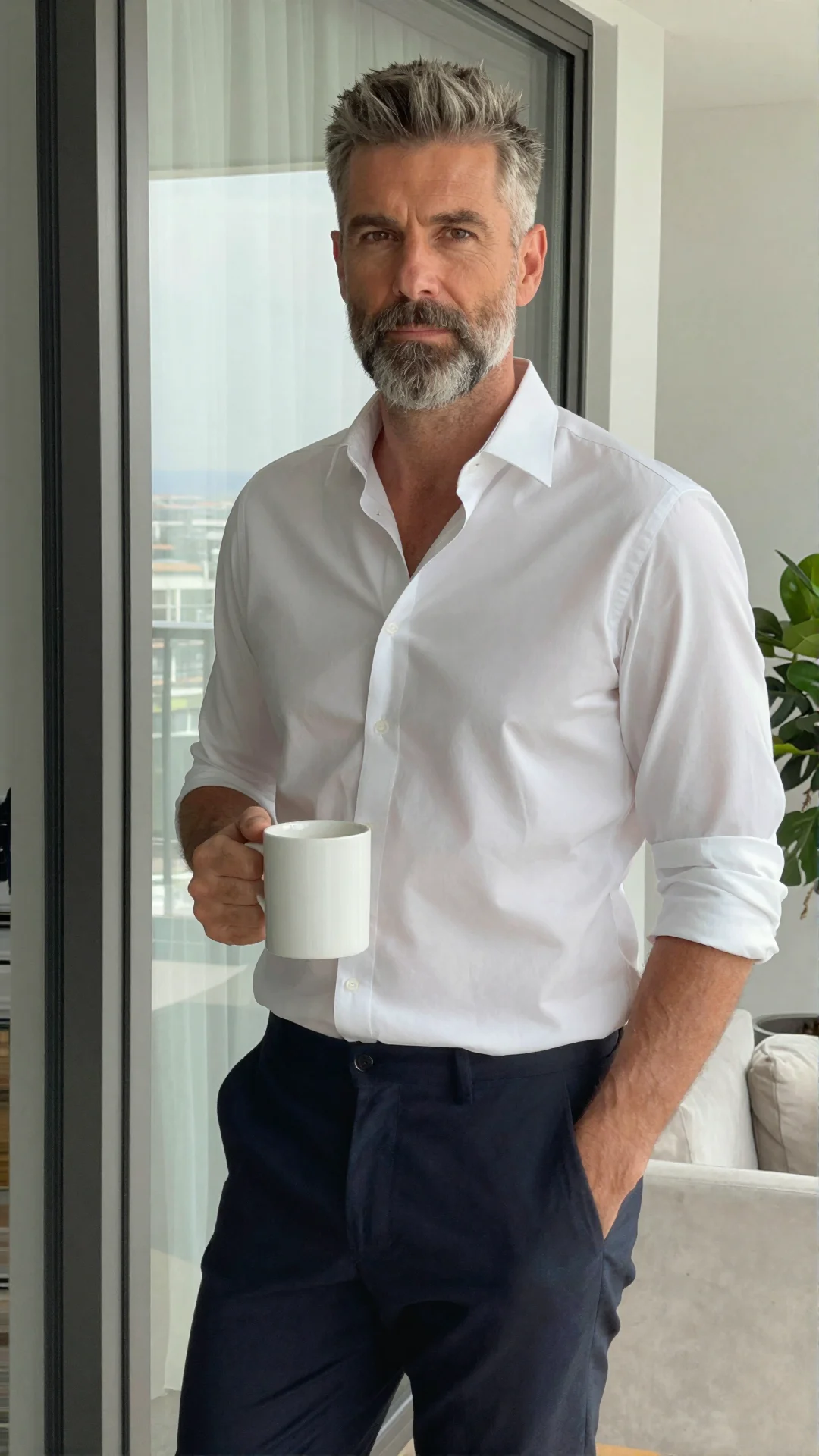 Serious German man in an open-collar shirt holding a coffee by a window