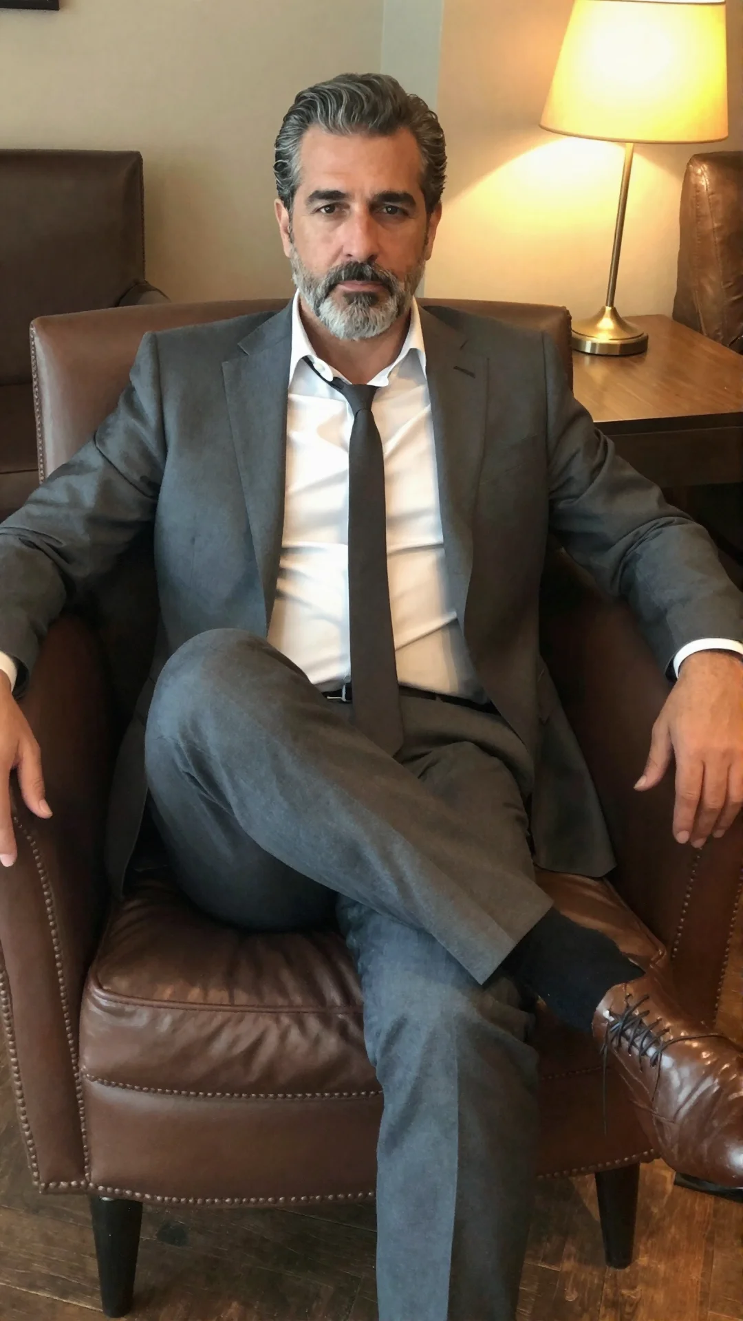 Serious Greek man in a loosened suit sitting in a leather armchair in a hotel lounge