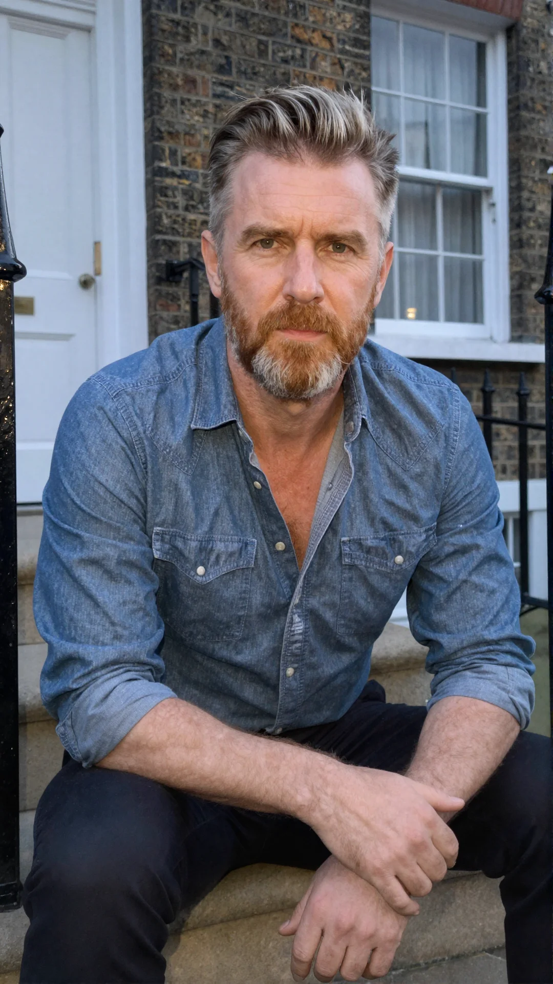 Serious Irish man in an open denim shirt sitting on brownstone steps at dusk