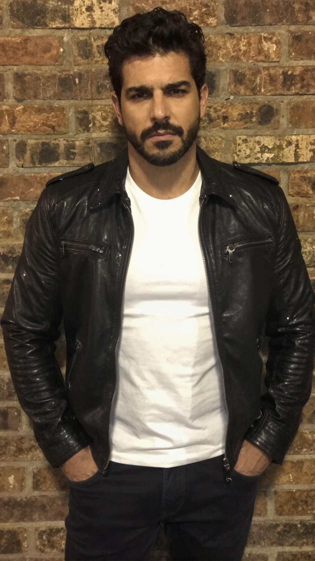 Serious Brazilian man in a black leather jacket leaning on a brick wall at night