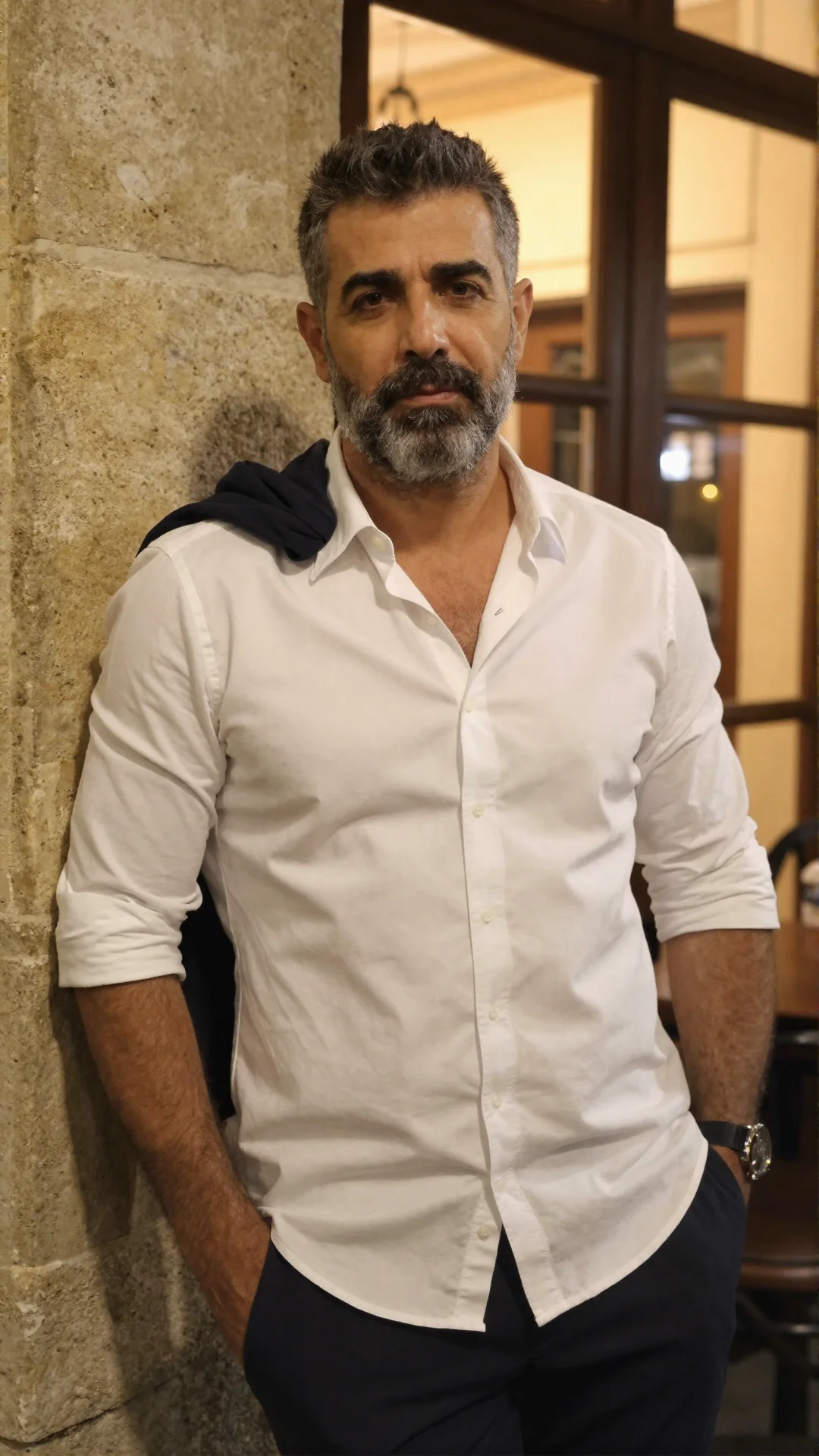 Serious Lebanese man in an open white shirt with a jacket over his shoulder on a night street