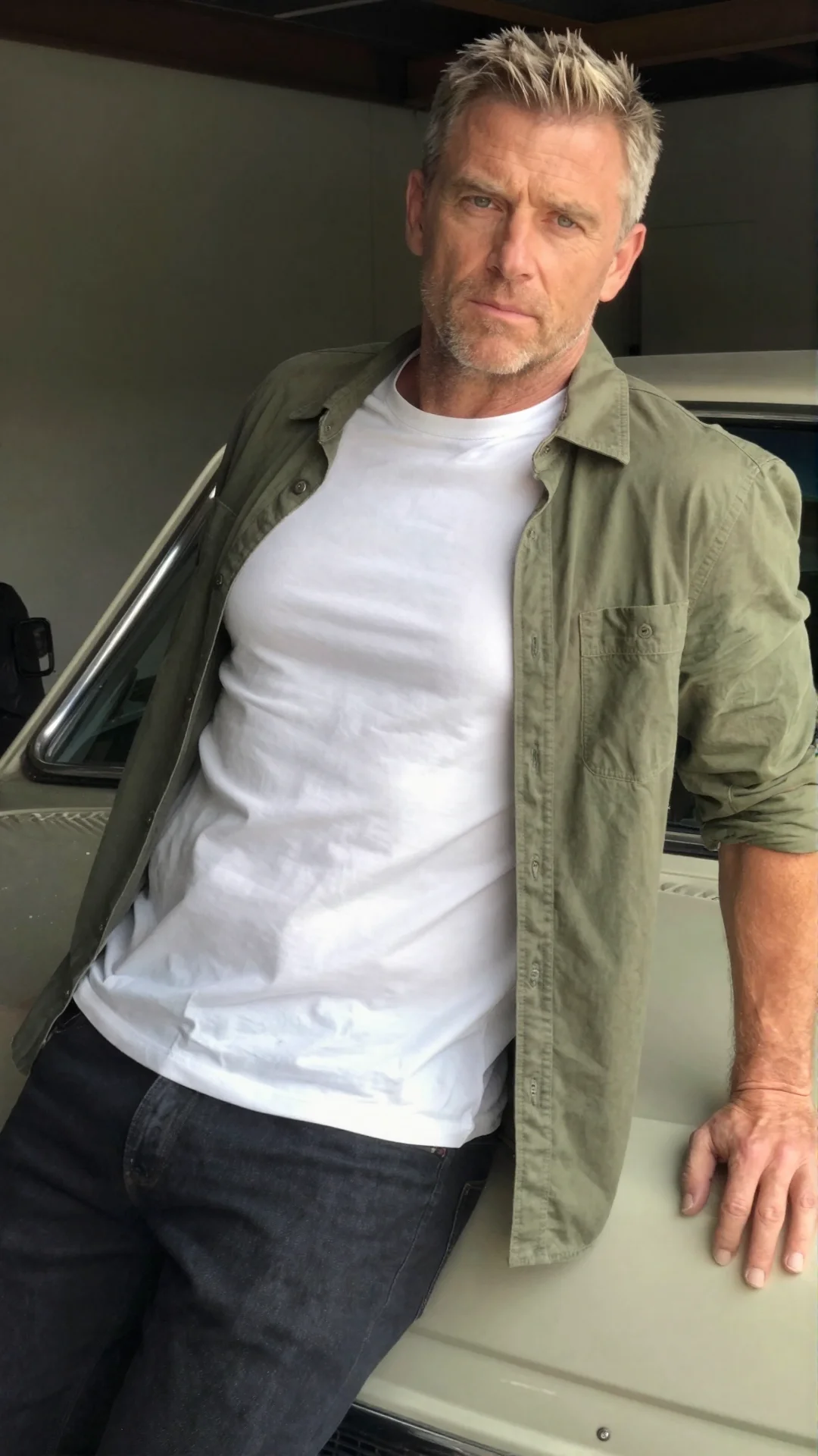 Serious Dutch man in a fitted white tee and open overshirt leaning on a vintage car