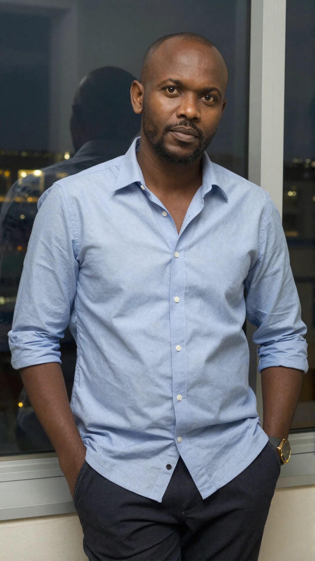 Serious Kenyan man in an open blue shirt leaning on a window ledge in an office after hours